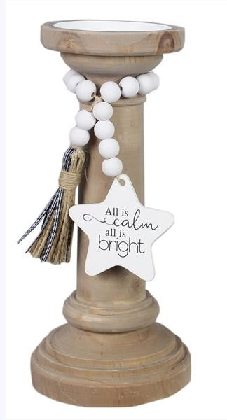 Wooden Candlestick with Beaded Ornament