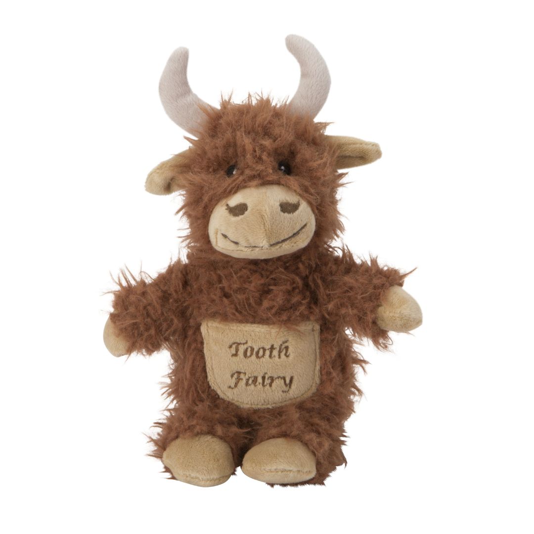 Maison Chic Tooth Fairy plush Highland cow toy with soft shaggy fur and tooth pocket.