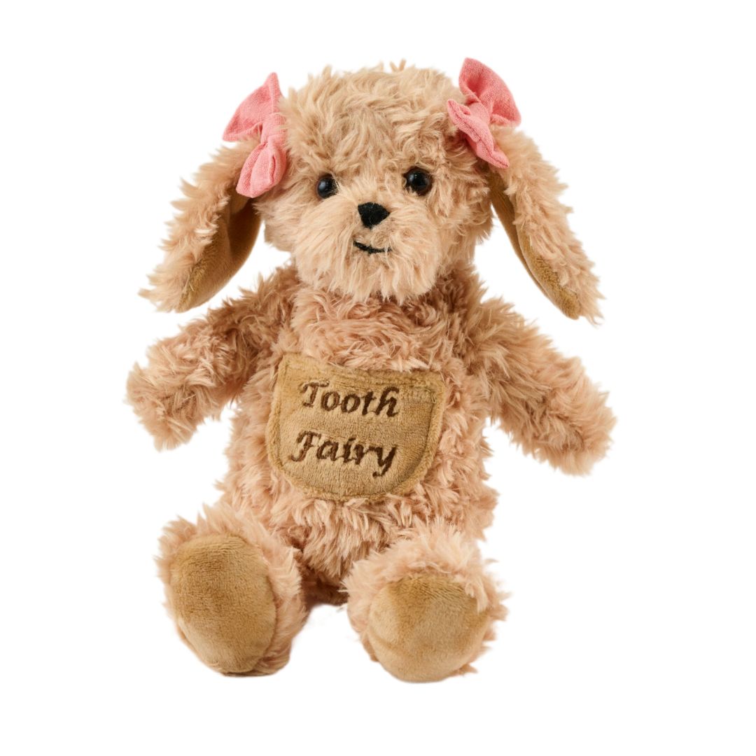 Maison Chic Tooth Fairy plush puppy toy with soft curly fur, pink bows, and embroidered pocket.
