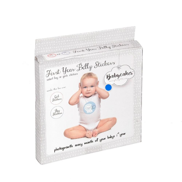 Babycakes First Year Belly Stickers in blue with monthly milestone stickers for documenting a baby’s first year.