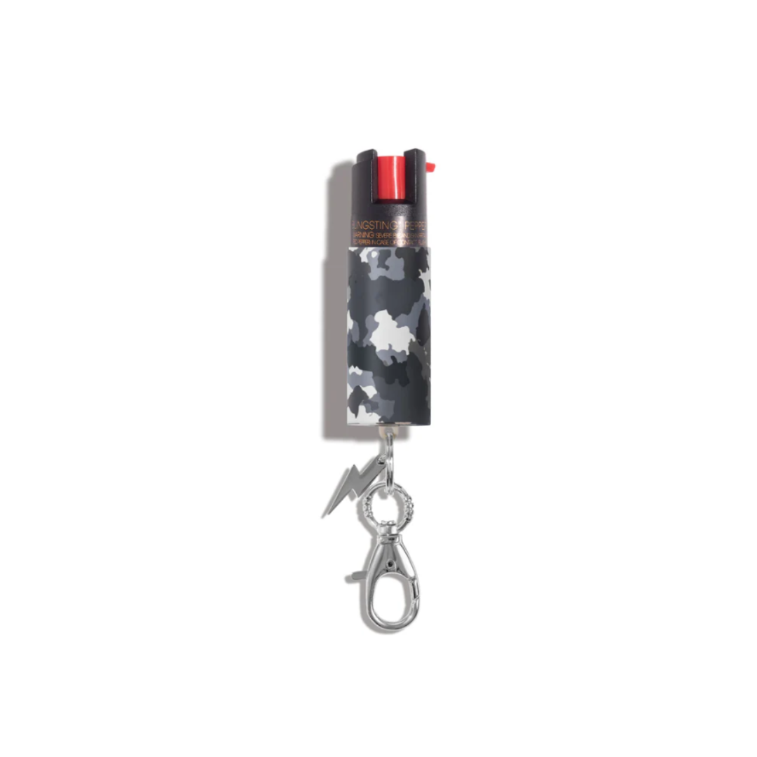Bling Sting pepper spray with grey camouflage print and keychain attachment.