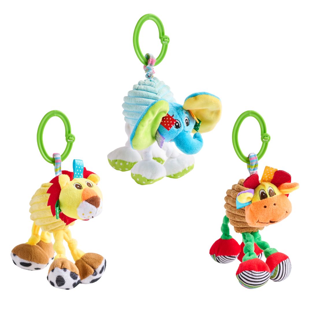 Three Jiglgy Giggly toys from London Bridge: elphant, lion, and monkey.