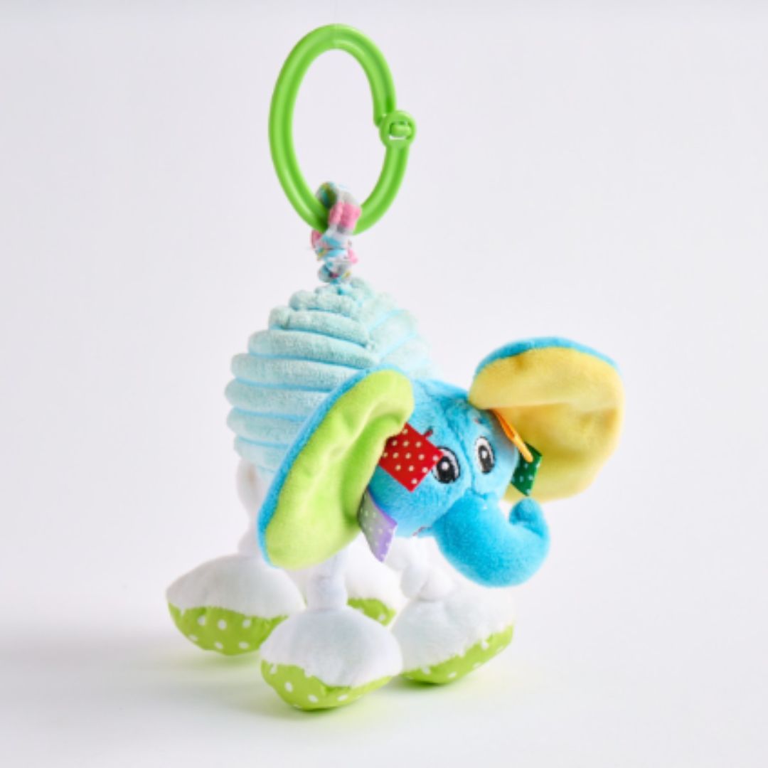Jiggly Giggly elephant toy from London Bridge with colorful plush textures, dangling legs, and clip-on ring.