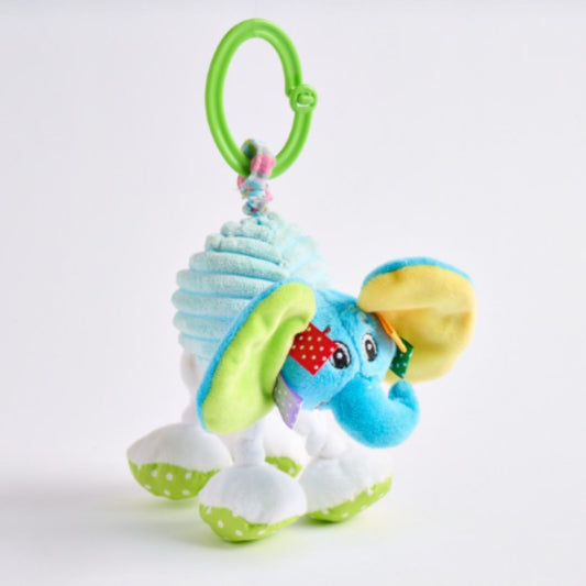 Jiggly Giggly elephant toy from London Bridge with colorful plush textures, dangling legs, and clip-on ring.