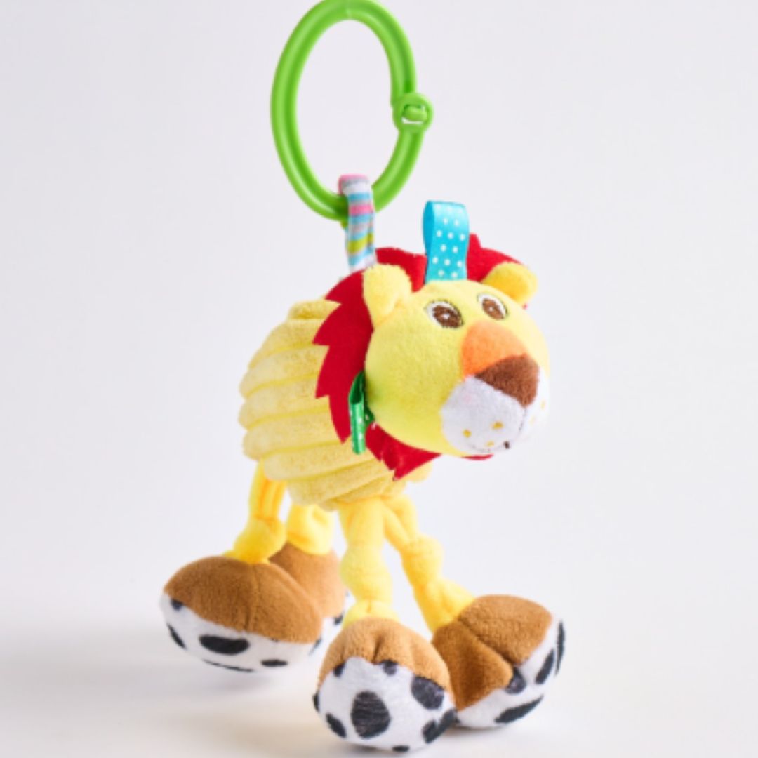 Jiggly Giggly lion toy from London Bridge with colorful plush textures, dangling legs, and clip-on ring.
