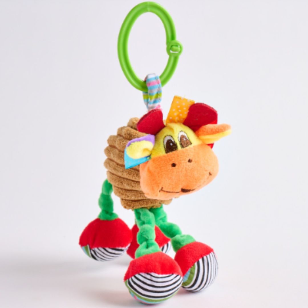 Jiggly Giggly monkey toy from London Bridge with colorful plush textures, dangling legs, and clip-on ring.