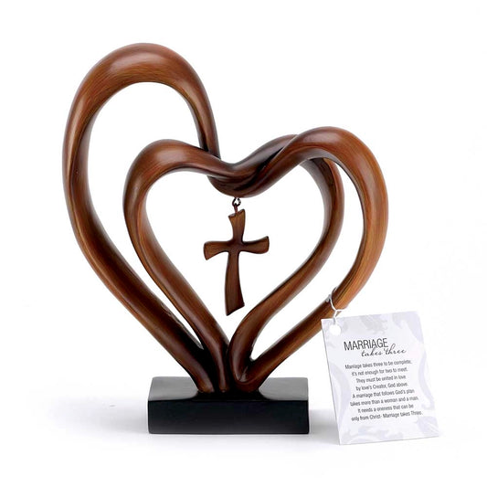 Brown Tabletop Double Heart w/Cross