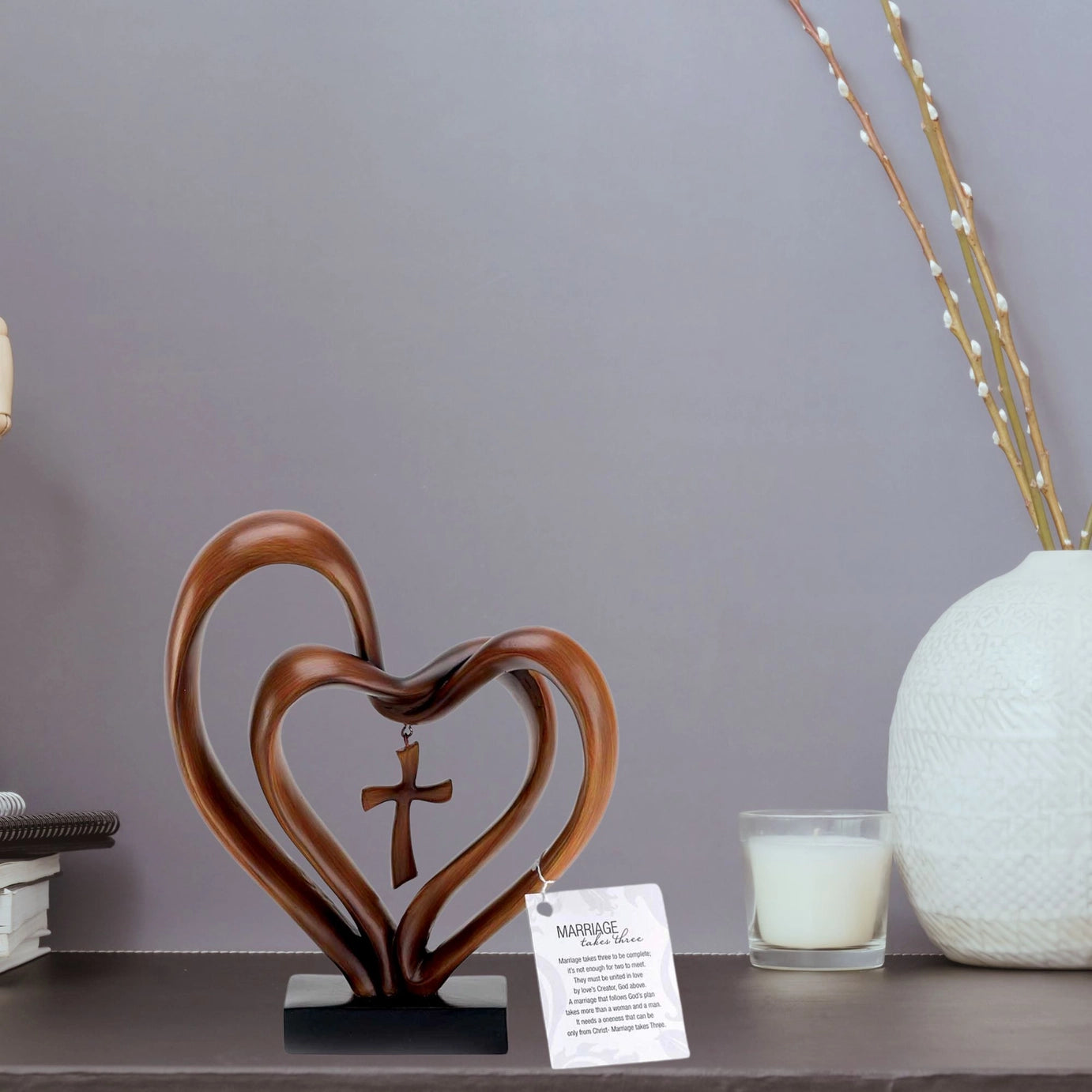 Brown Tabletop Double Heart w/Cross