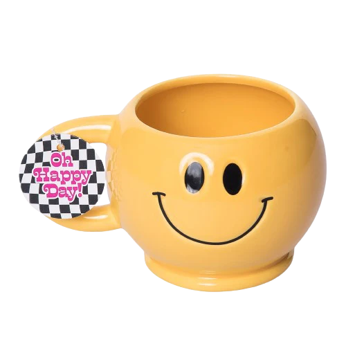 Yellow smiley face mug with a checkered 'Oh Happy Day!' tag on a white background