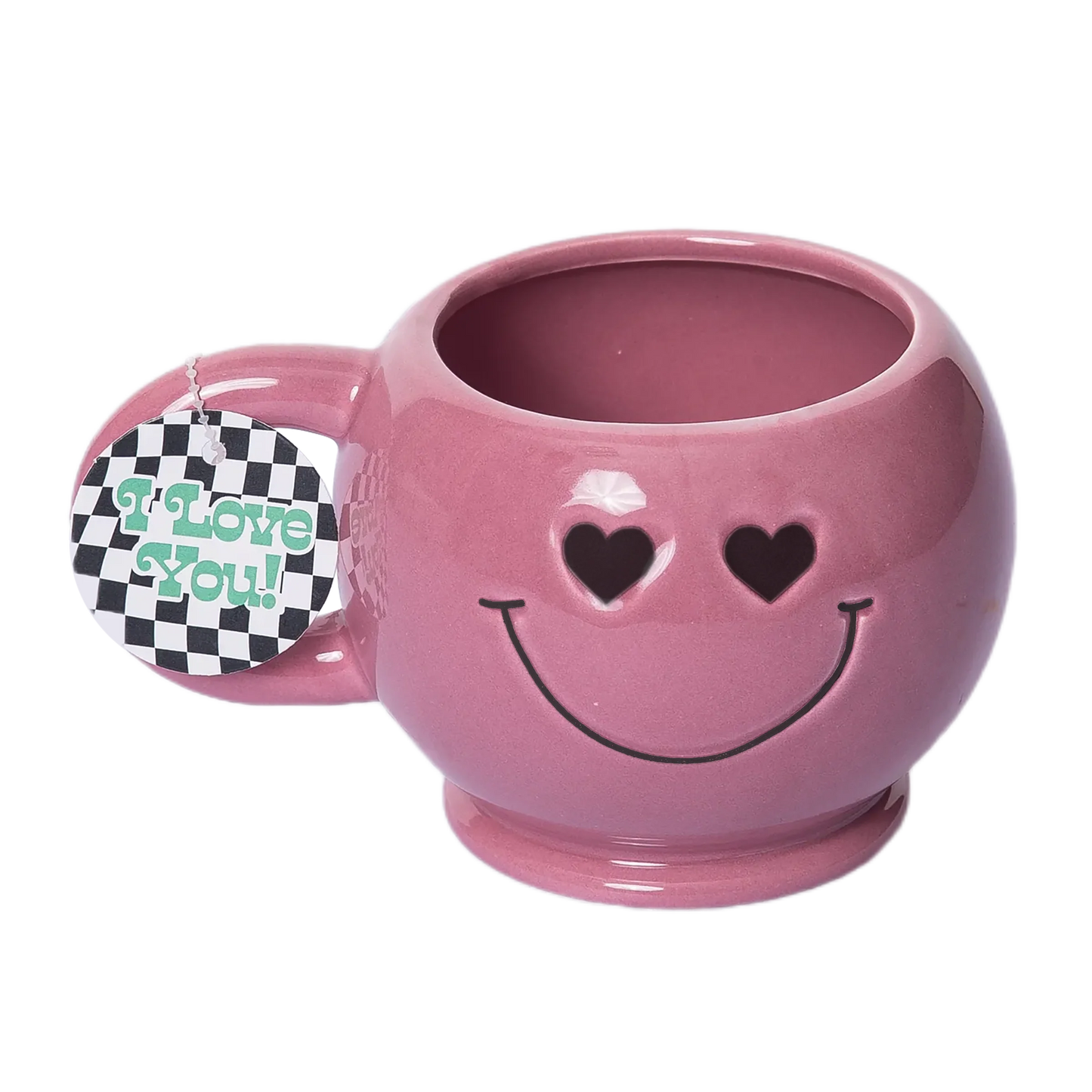 Pink smiley face mug with heart eyes and a tag saying 'I Love You!' on a white background