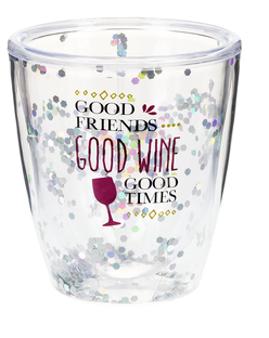 Stemless Sequin Wine Glass GOOD FRIENDS GOOD WINE GOOD TIMES
