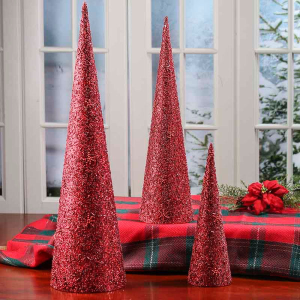 Red Glitter Cone Trees, S/3 (CLEARANCE)