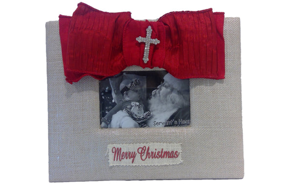 Red MERRY CHRISTMAS Silver Cross Burlap Photo Frame