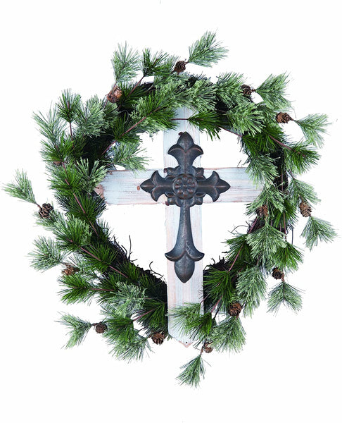 Faux Pine Wreath w/ Cross (CLEARANCE)