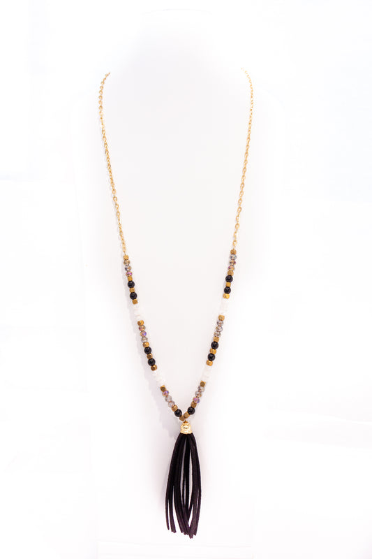 Gold/Beaded Necklace w/Tassel (CLEARANCE)