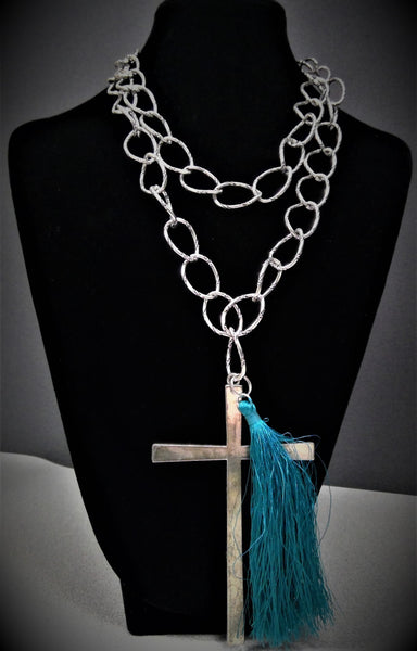 Metal Cross with Turquoise Tassel Necklace