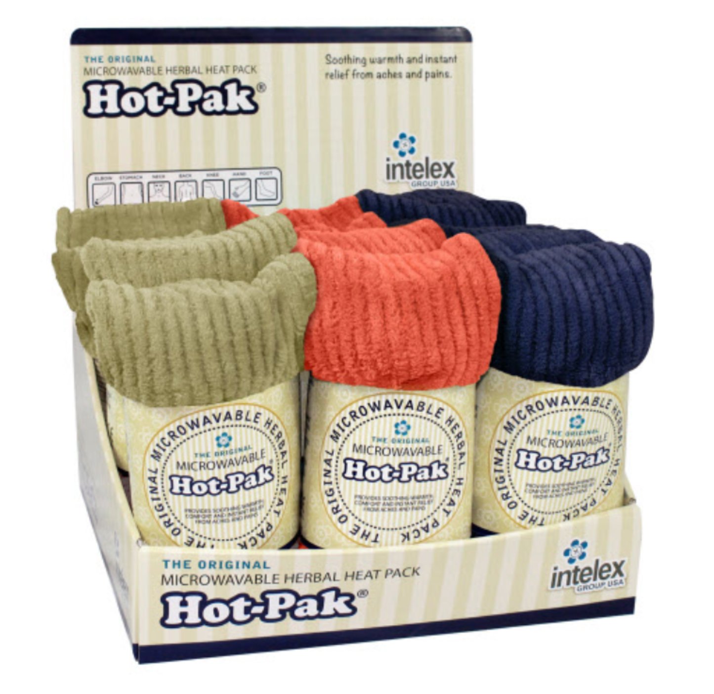 Warmies Hot-Pak microwavable neck wrap assortment display in assorted cozy knit colors.
