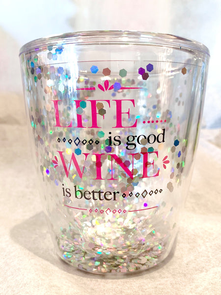 Stemless Sequin Wine Glass WINE IS BETTER